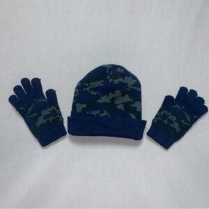 Blue Camouflage Winter Beanie Hat Glove Set Cap Snow Warm